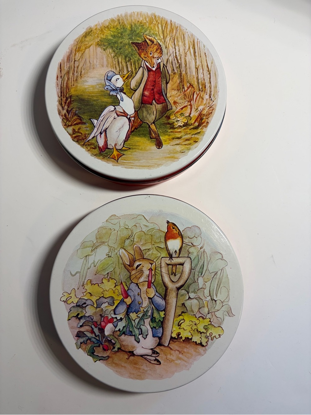 Set of 2 Vintage Illustrated Round Tins -Peter Rabbit Jemima Puddleduck